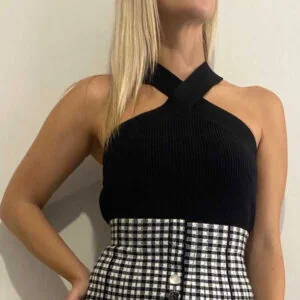 Μπλούζα Πλεκτή Κοντή Μαύρη Ριπ με Λαιμόκοψη Halter