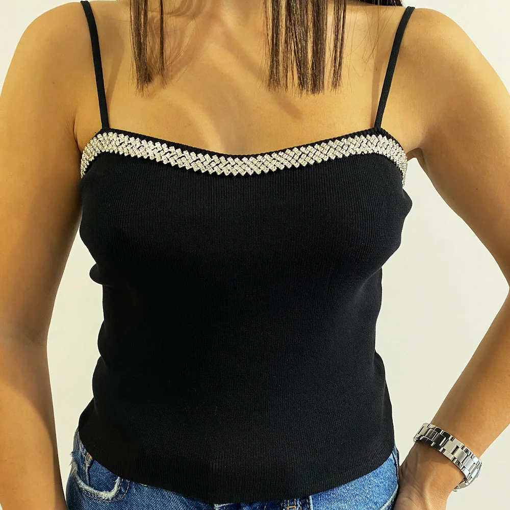Μπλούζα Crop Μαύρη με Τιράντες και Στρας