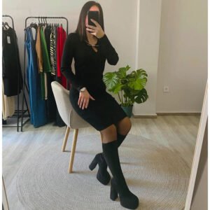 Φόρεμα Πλεκτό Ριπ Μαύρο Με Άνοιγμα Στο Στήθος