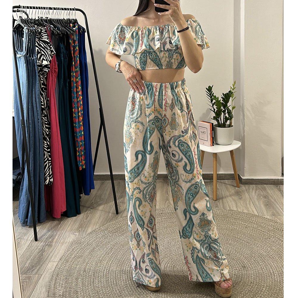 Σετ Παντελόνα Με Off-Shoulder Top Με Λαχούρια Πετρόλ